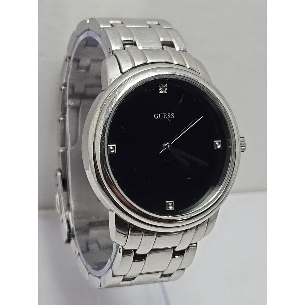 Mens Guess 39mm Stainless Steel Black Dial Quartz Watch G10181G New Battery